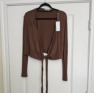 Reformation Chocolate Ribbed Knit Wrap Crop Top, Size XL